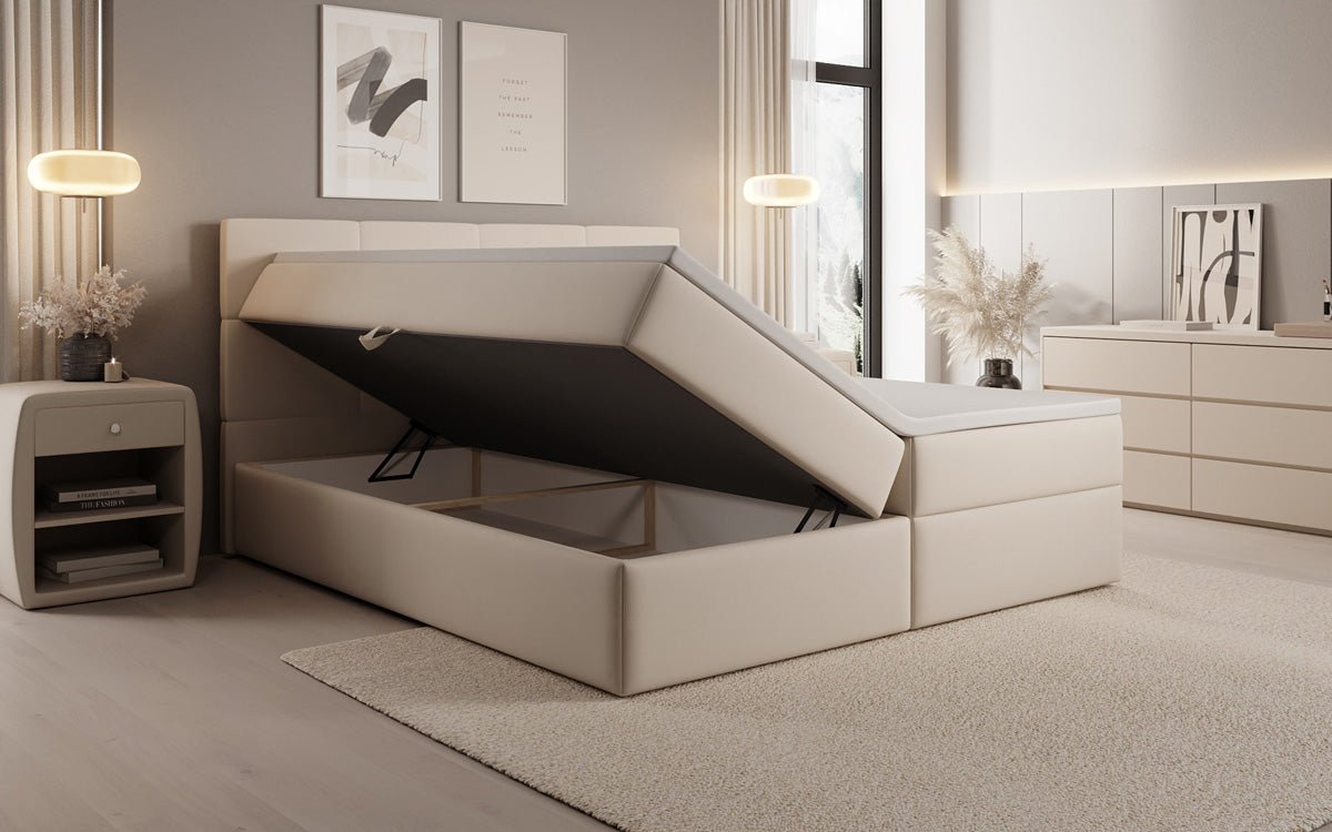 Box spring bed Levi in fabric with storage space