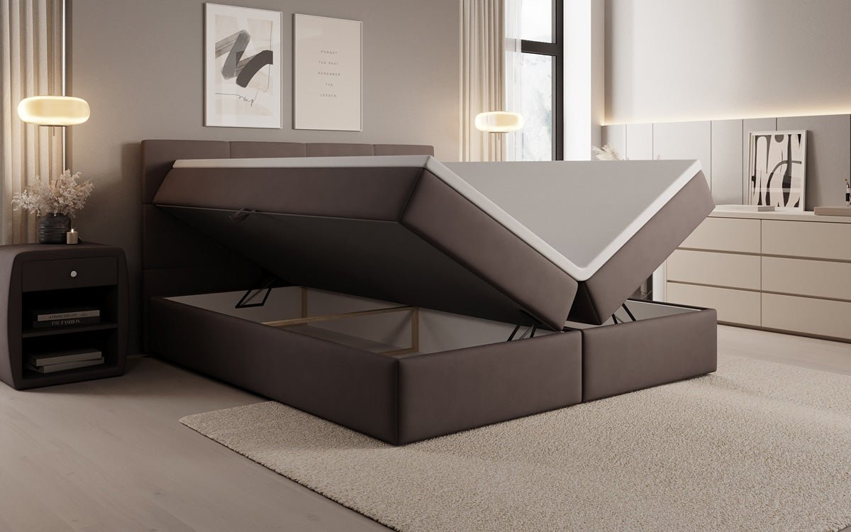Box spring bed Levi in fabric with storage space
