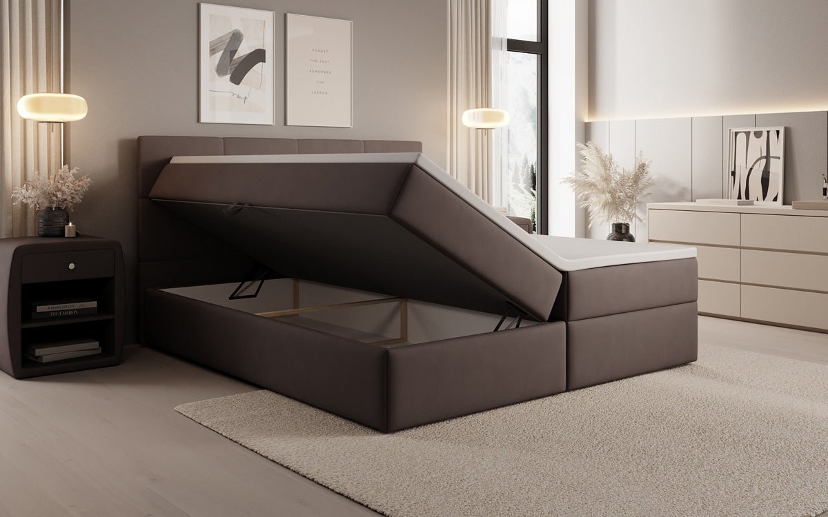 Box spring bed Levi in fabric with storage space
