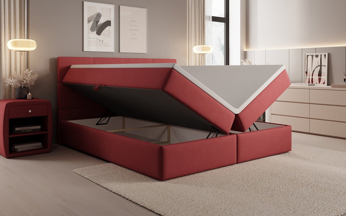 Box spring bed Levi in fabric with storage space