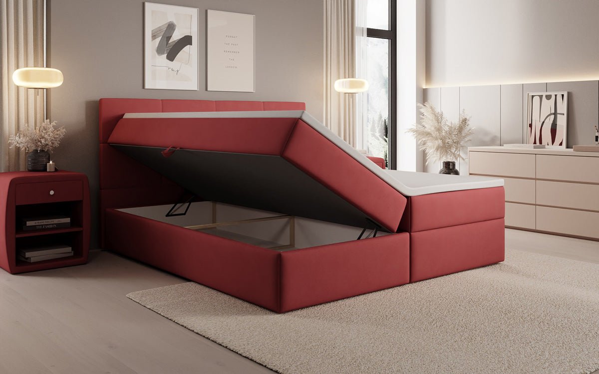 Box spring bed Levi in fabric with storage space