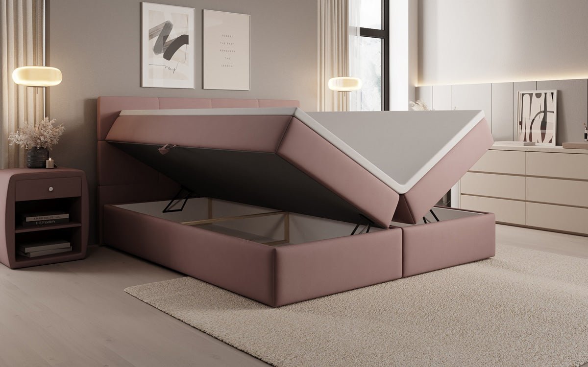 Box spring bed Levi in fabric with storage space