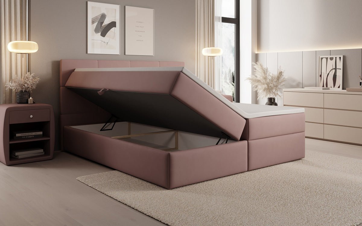 Box spring bed Levi in fabric with storage space