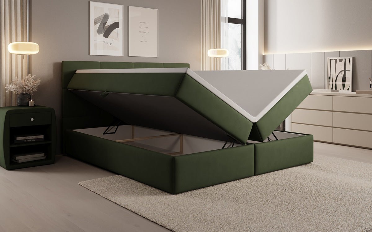 Box spring bed Levi in fabric with storage space