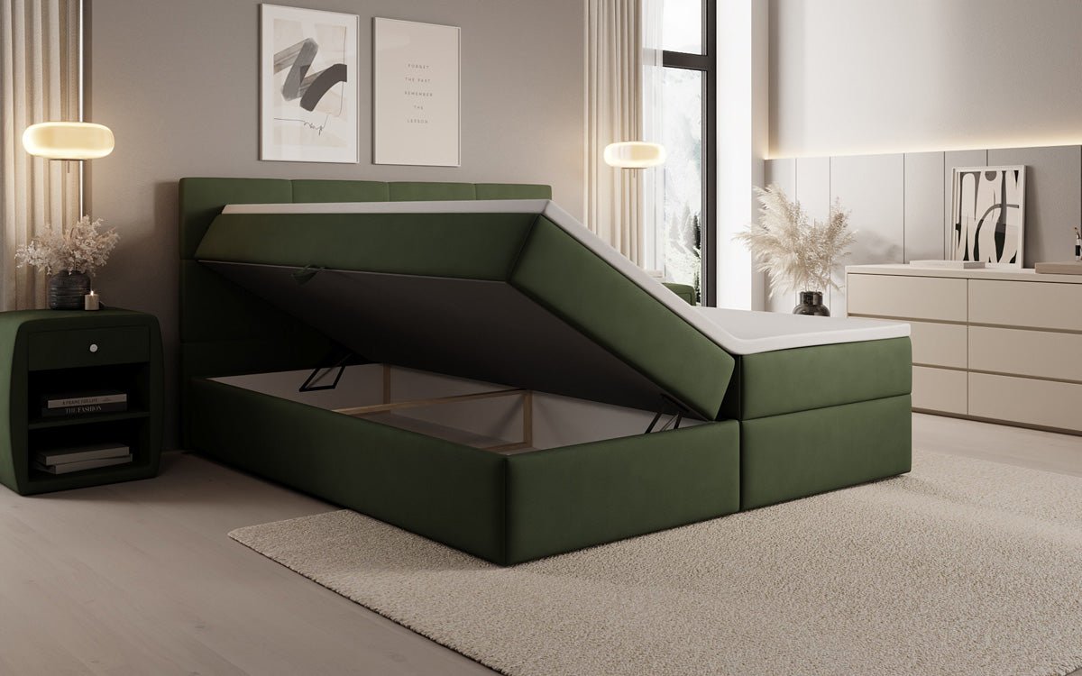 Box spring bed Levi in fabric with storage space