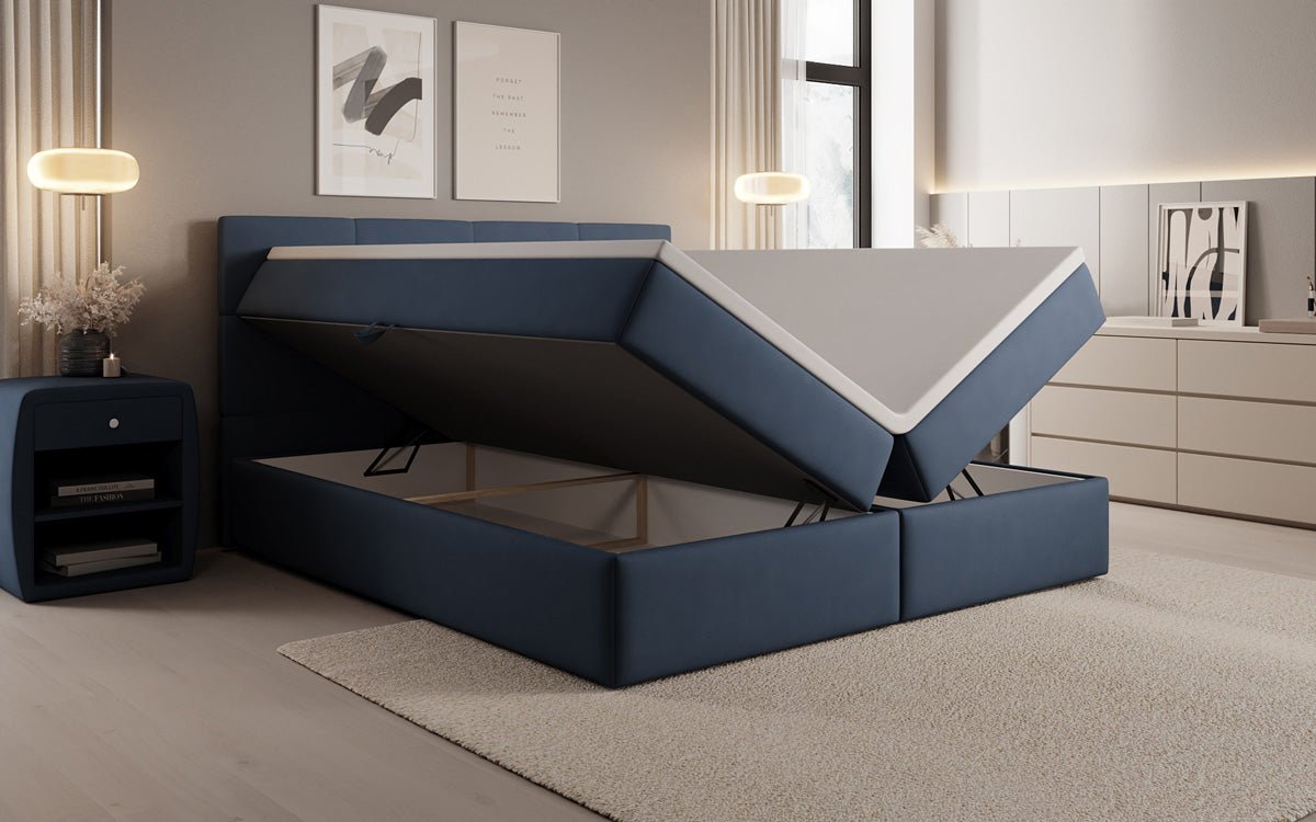 Box spring bed Levi in fabric with storage space