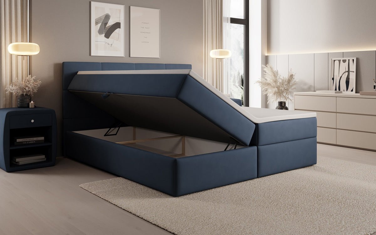 Box spring bed Levi in fabric with storage space
