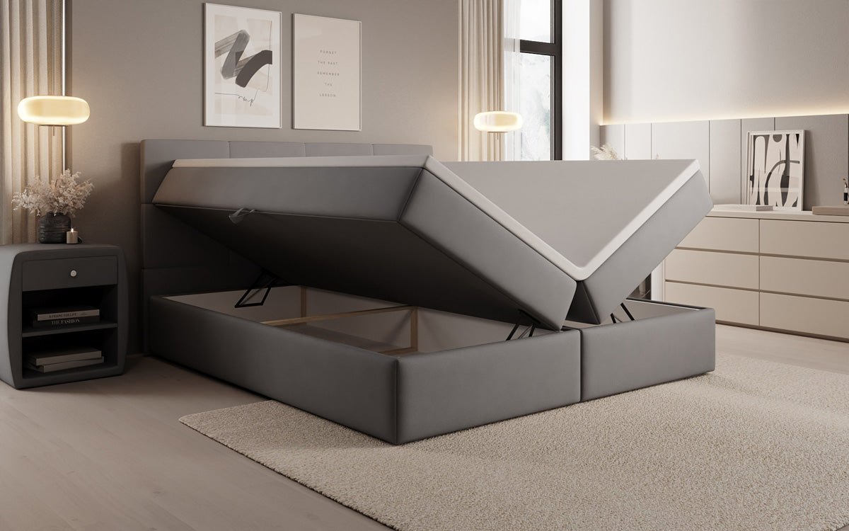 Box spring bed Levi in fabric with storage space