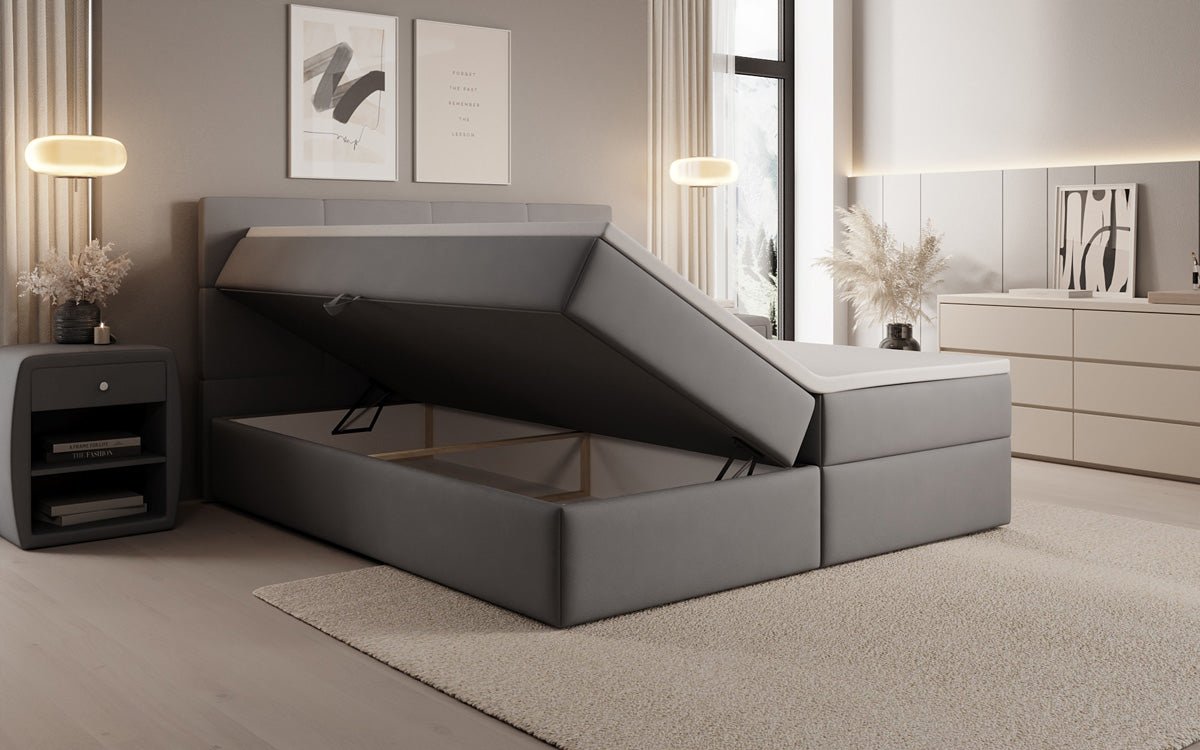 Box spring bed Levi in fabric with storage space