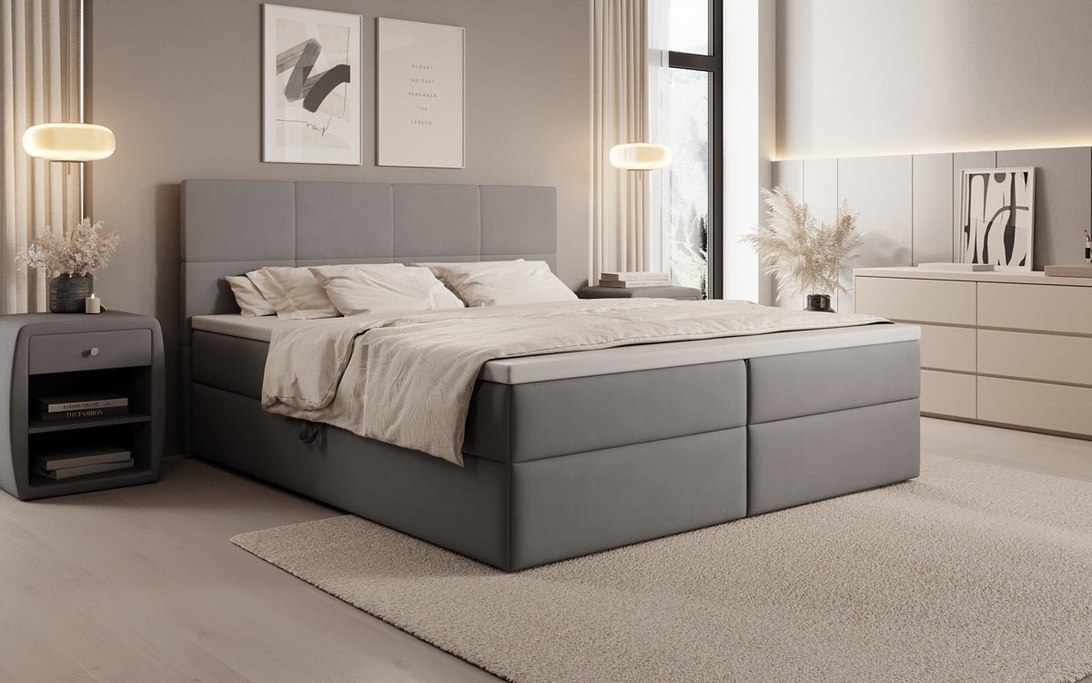 Box spring bed Levi in fabric with storage space