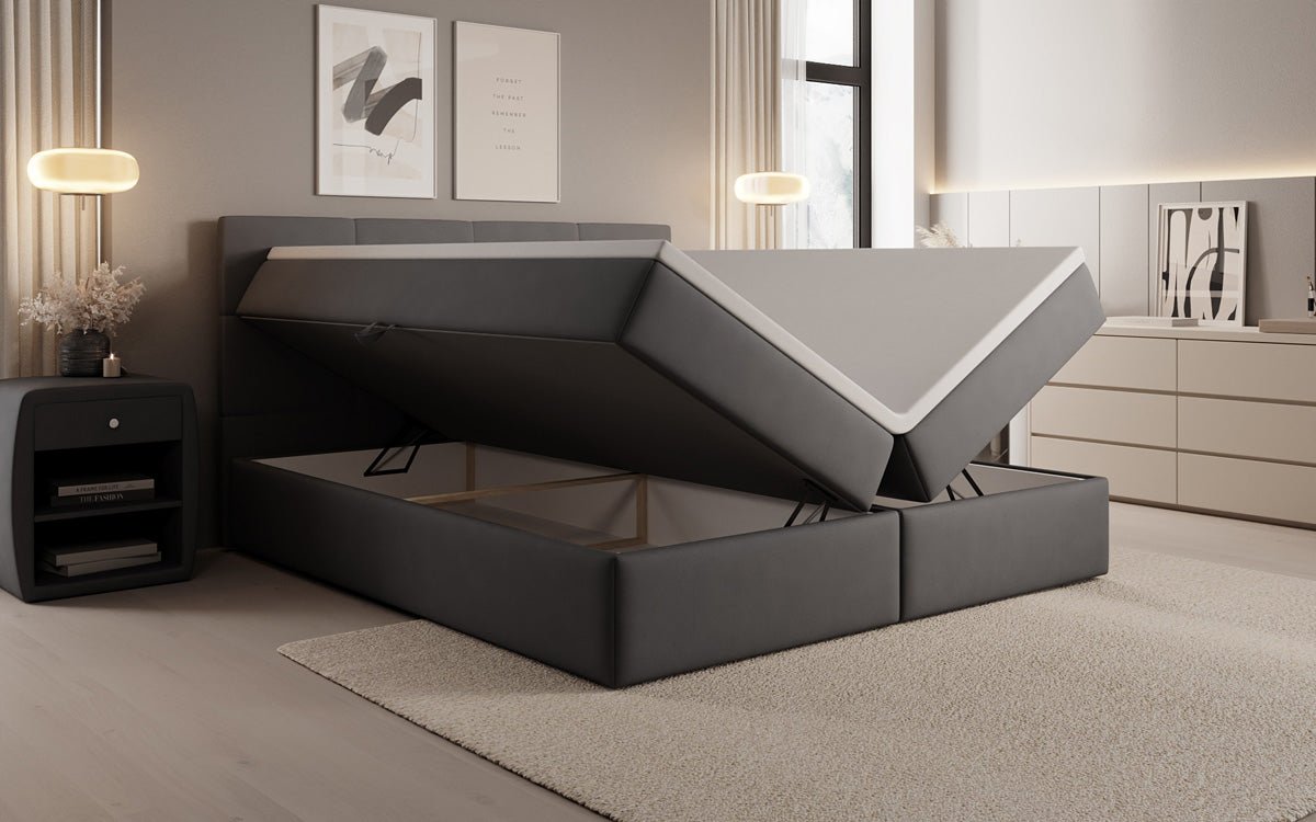 Box spring bed Levi in fabric with storage space