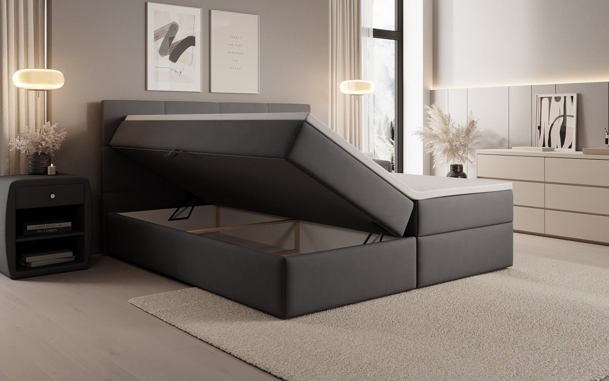 Box spring bed Levi in fabric with storage space