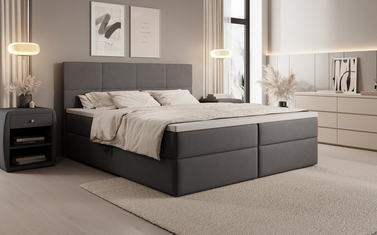 Box spring bed Levi in fabric with storage space