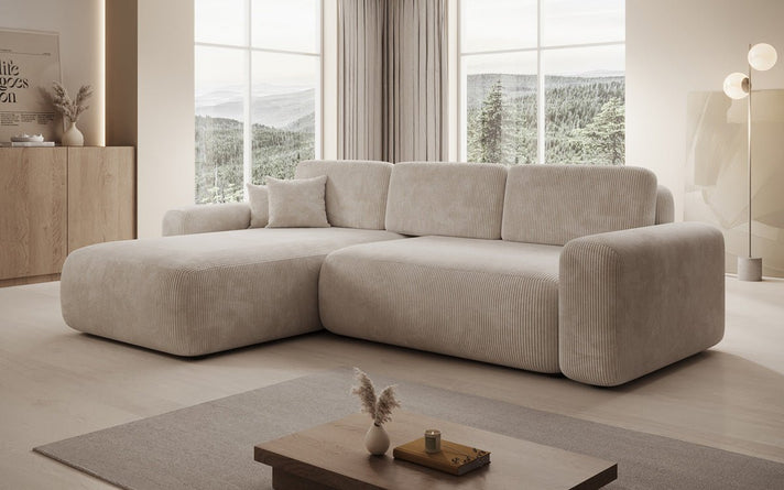 Designer corner sofa Lola with sleeping and folding function in Corduroy