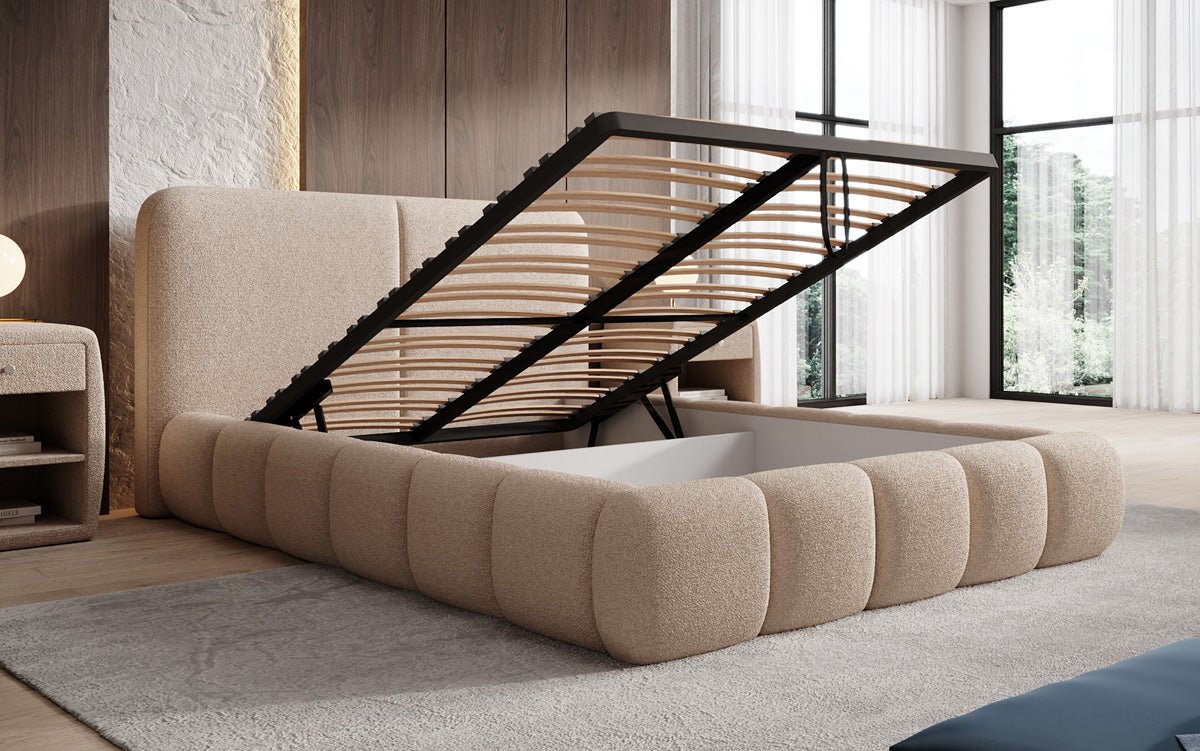 Designer Polsterbett Lolita in Bouclé mit Stauraum