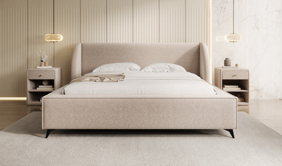 Designer upholstered bed Freya in textured fabric with storage