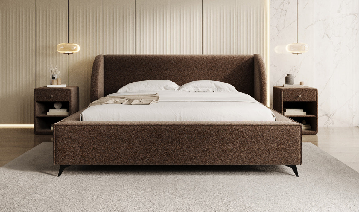 Designer upholstered bed Freya in textured fabric with storage