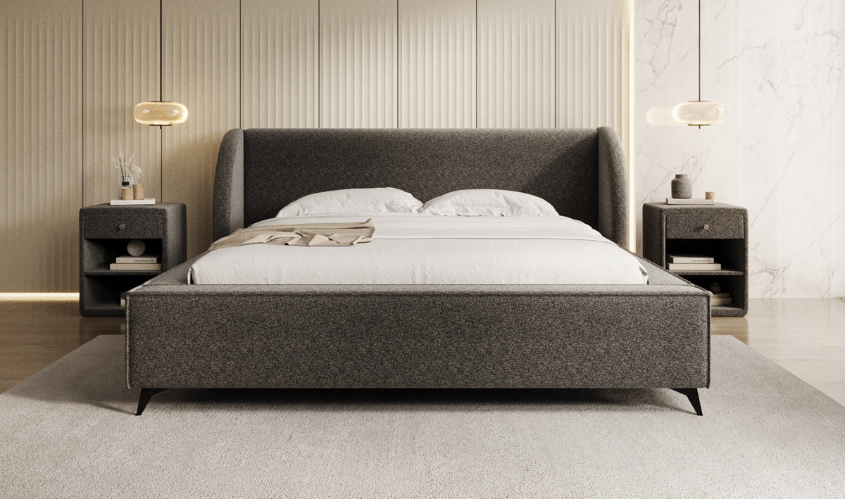 Designer upholstered bed Freya in textured fabric with storage