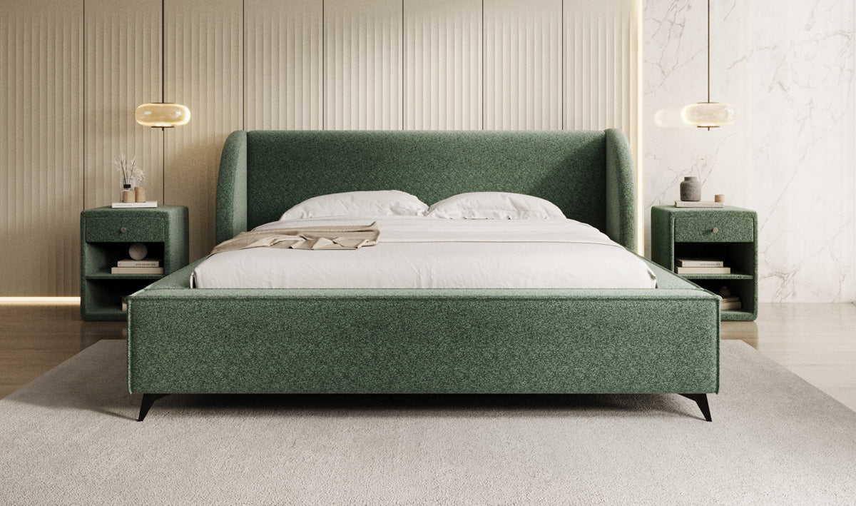 Designer upholstered bed Freya in textured fabric with storage