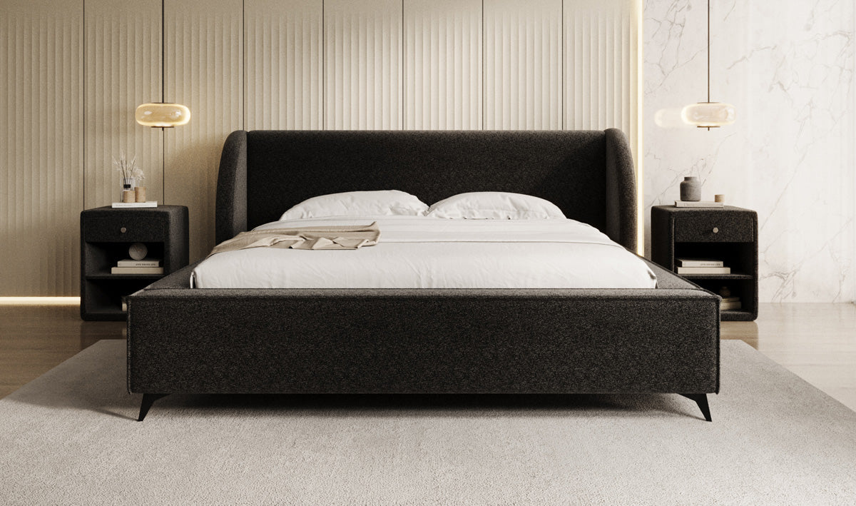 Designer upholstered bed Freya in textured fabric with storage