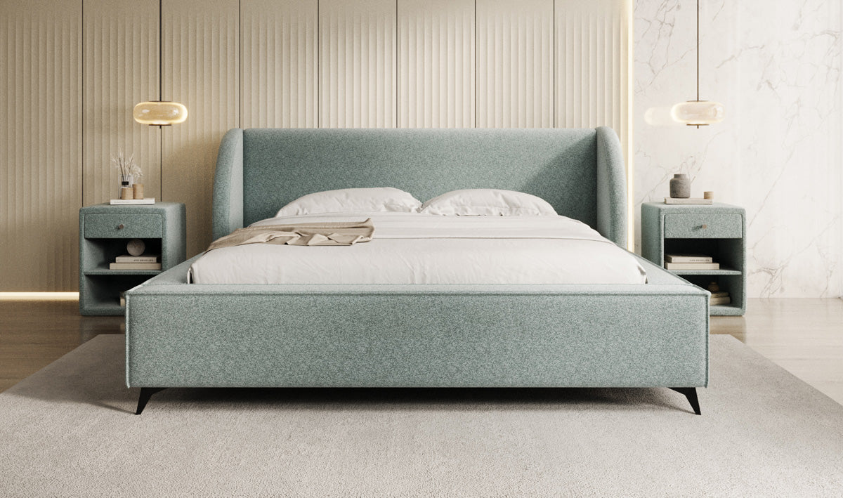 Designer upholstered bed Freya in textured fabric with storage