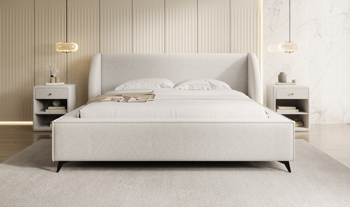 Designer upholstered bed Freya in textured fabric with storage