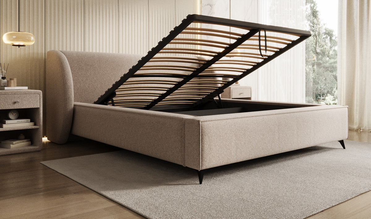 Designer upholstered bed Freya in textured fabric with storage