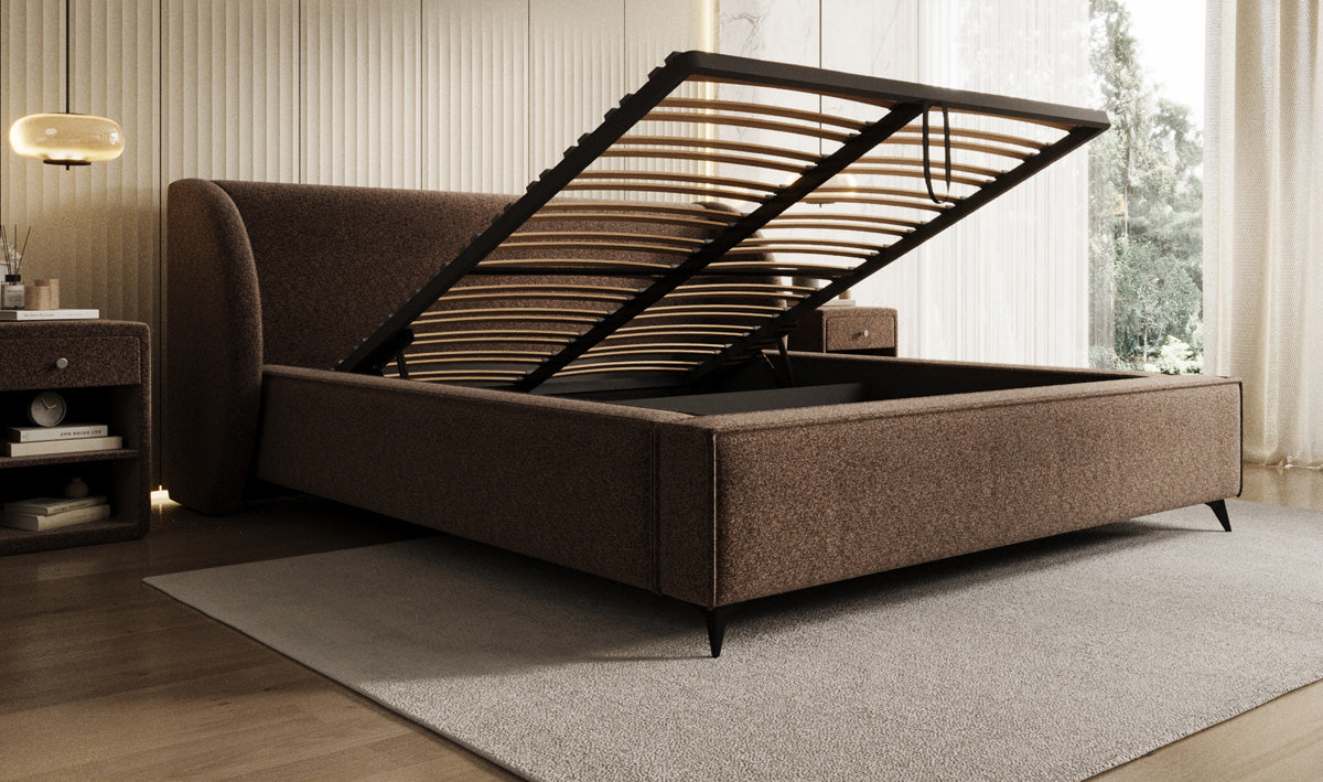 Designer upholstered bed Freya in textured fabric with storage