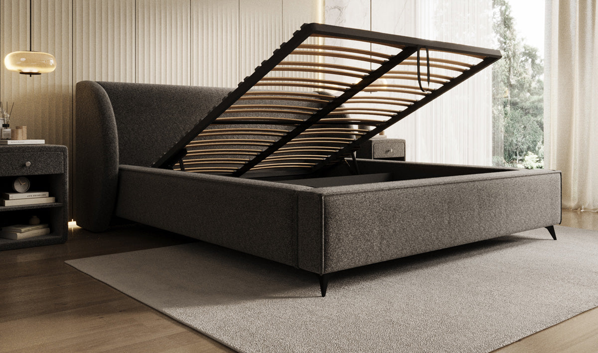 Designer upholstered bed Freya in textured fabric with storage