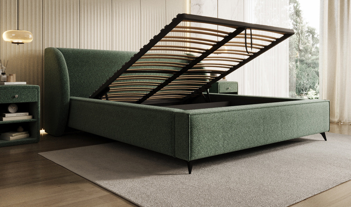 Designer upholstered bed Freya in textured fabric with storage