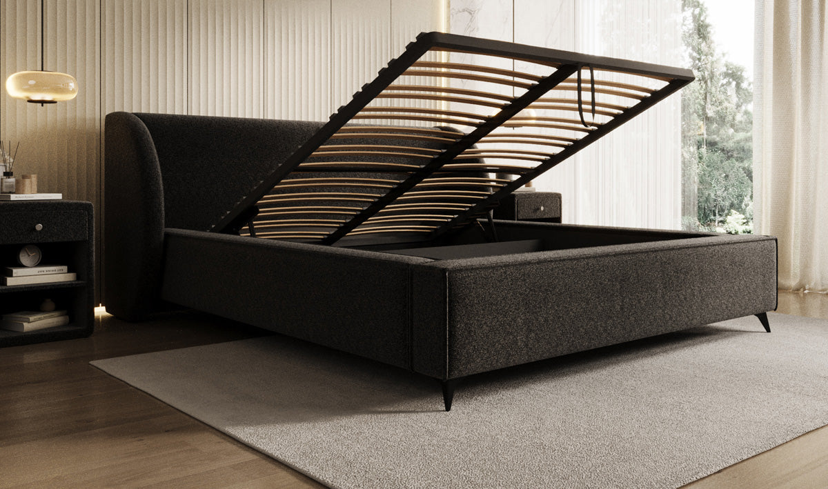 Designer upholstered bed Freya in textured fabric with storage