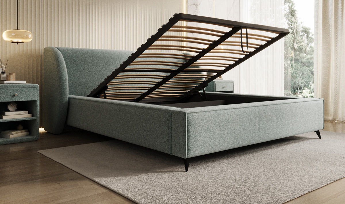 Designer upholstered bed Freya in textured fabric with storage