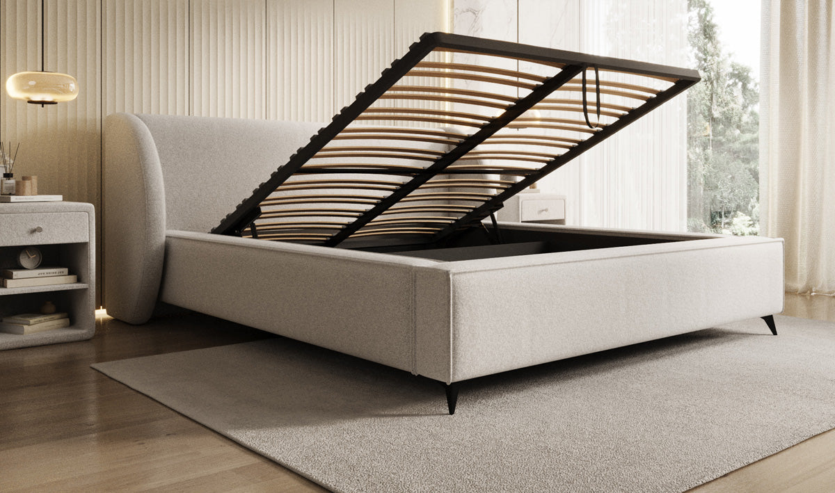 Designer upholstered bed Freya in textured fabric with storage