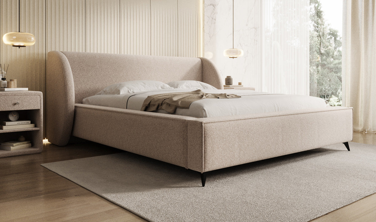 Designer upholstered bed Freya in textured fabric with storage