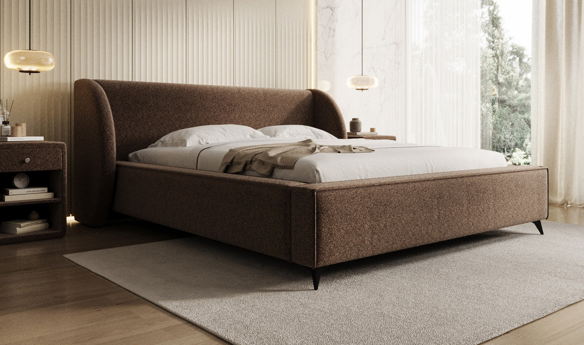 Designer upholstered bed Freya in textured fabric with storage