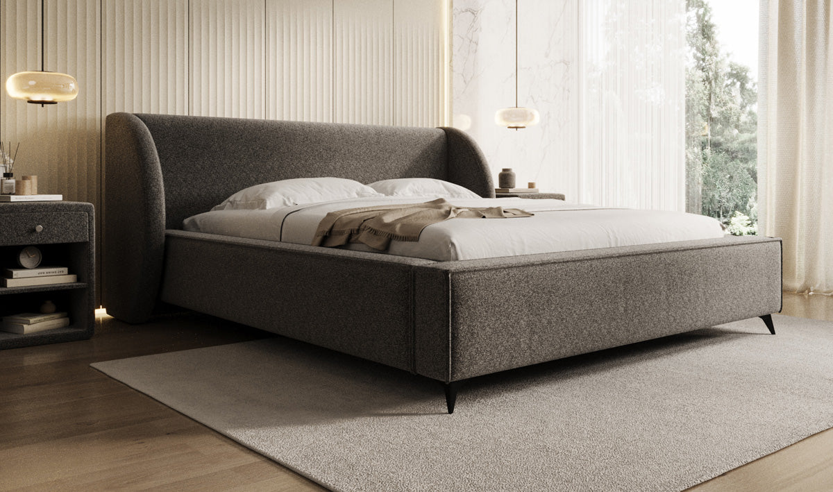 Designer upholstered bed Freya in textured fabric with storage