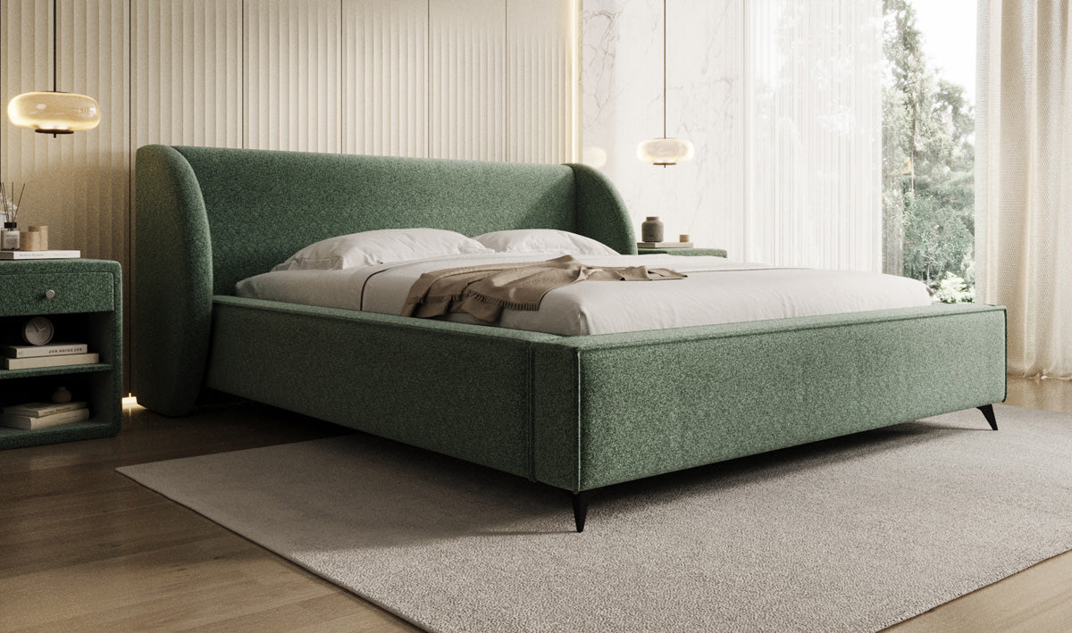 Designer upholstered bed Freya in textured fabric with storage