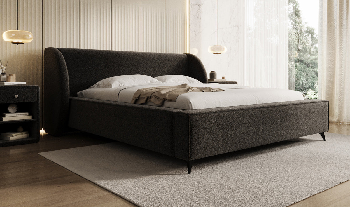 Designer upholstered bed Freya in textured fabric with storage