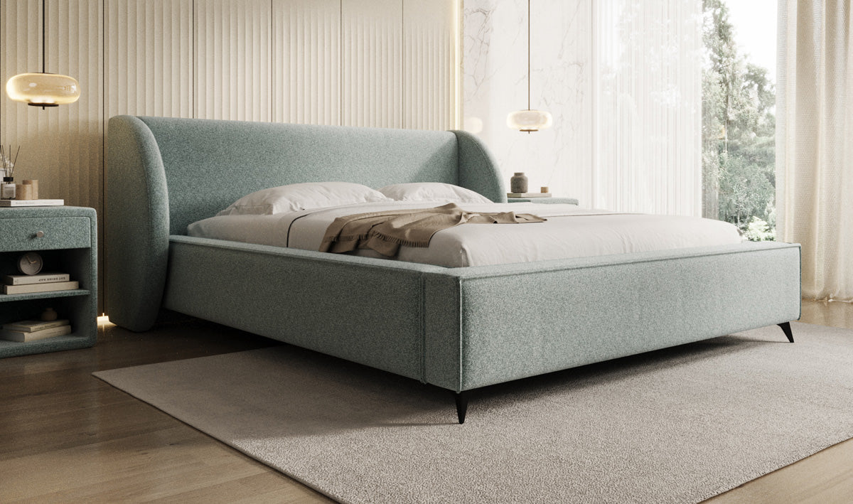 Designer upholstered bed Freya in textured fabric with storage