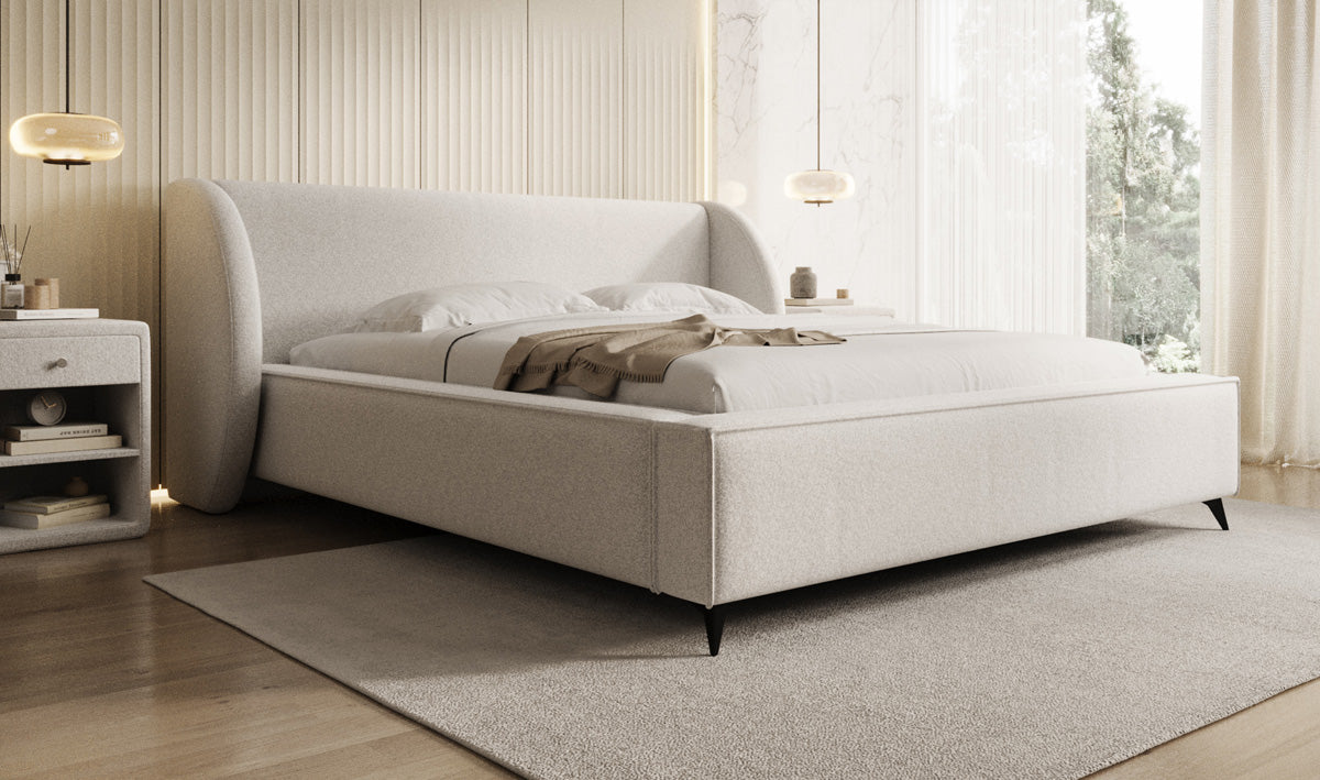 Designer upholstered bed Freya in textured fabric with storage