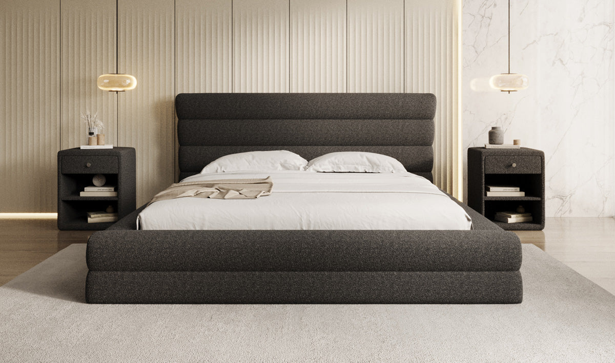 Designer upholstered bed Maren in teddy bouclé with storage