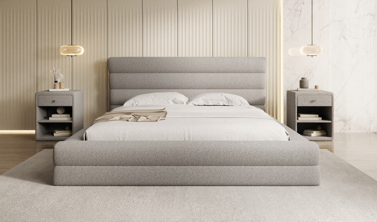 Designer upholstered bed Maren in teddy bouclé with storage