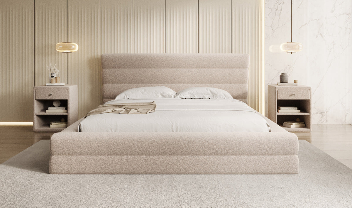 Designer upholstered bed Maren in textured fabric with storage