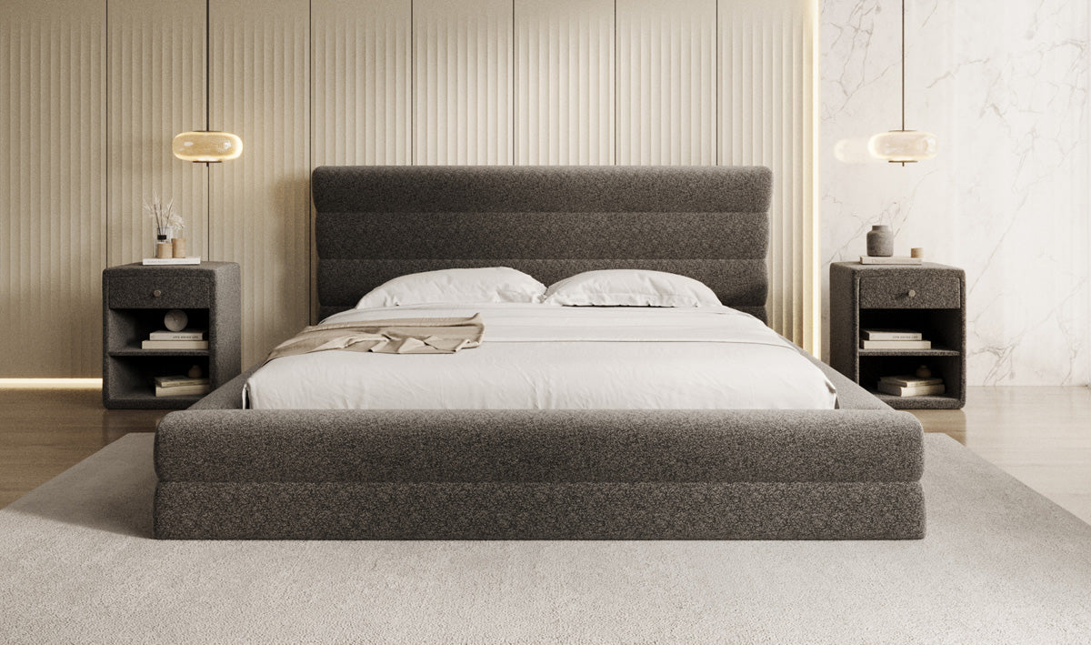 Designer upholstered bed Maren in textured fabric with storage