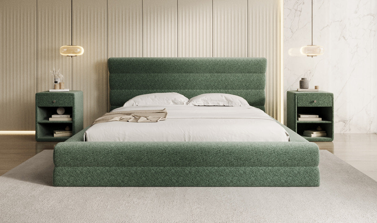 Designer upholstered bed Maren in textured fabric with storage