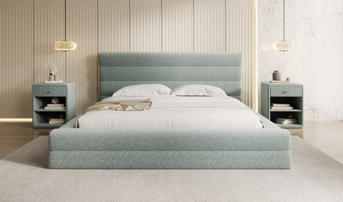 Designer upholstered bed Maren in textured fabric with storage