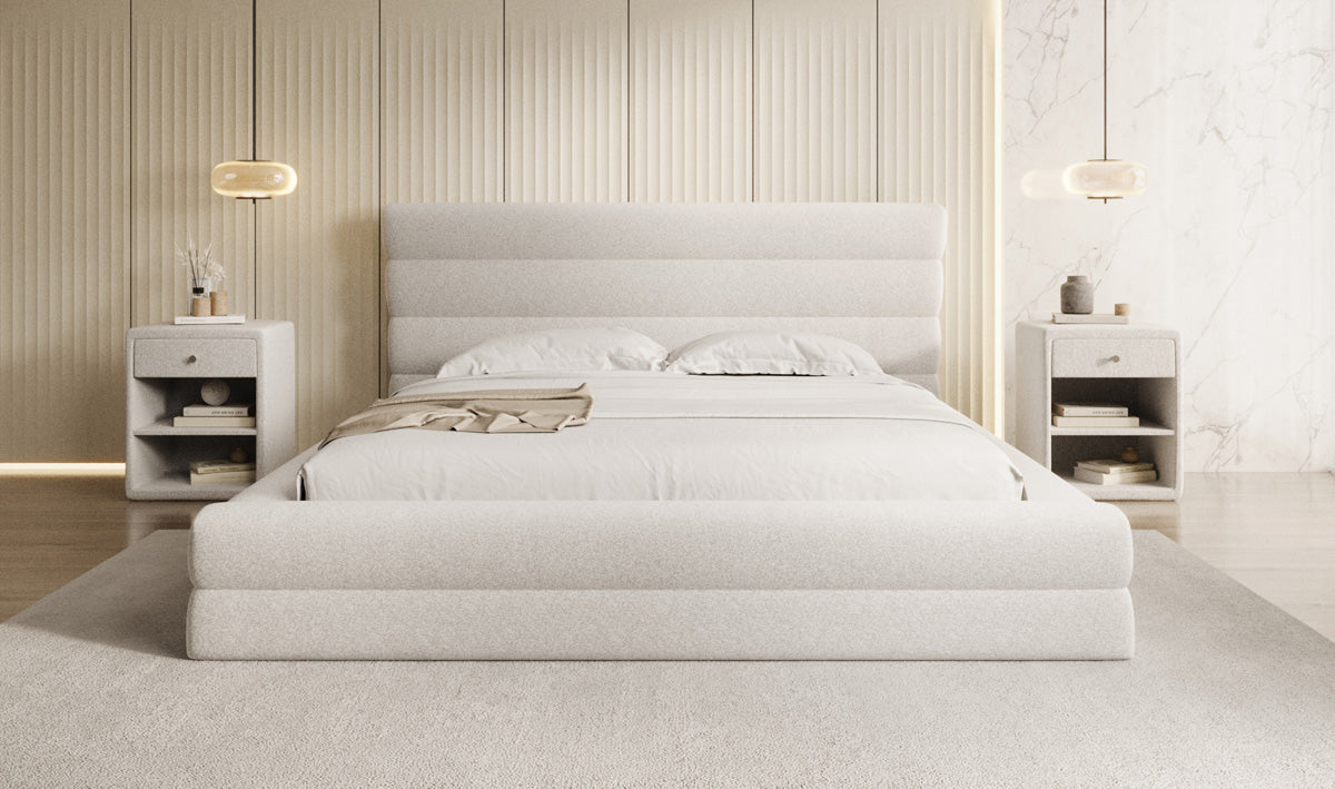 Designer upholstered bed Maren in textured fabric with storage