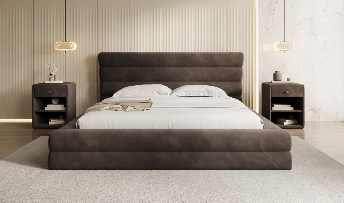Designer upholstered bed Maren in velvet with storage