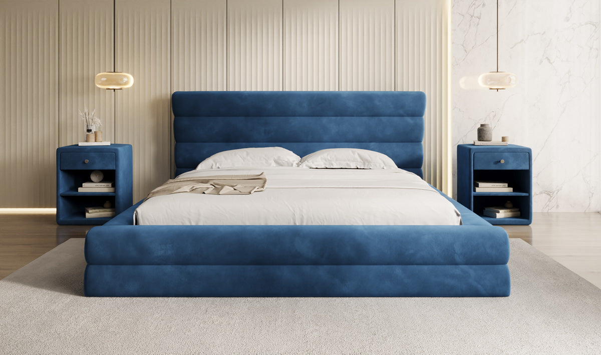 Designer upholstered bed Maren in velvet with storage