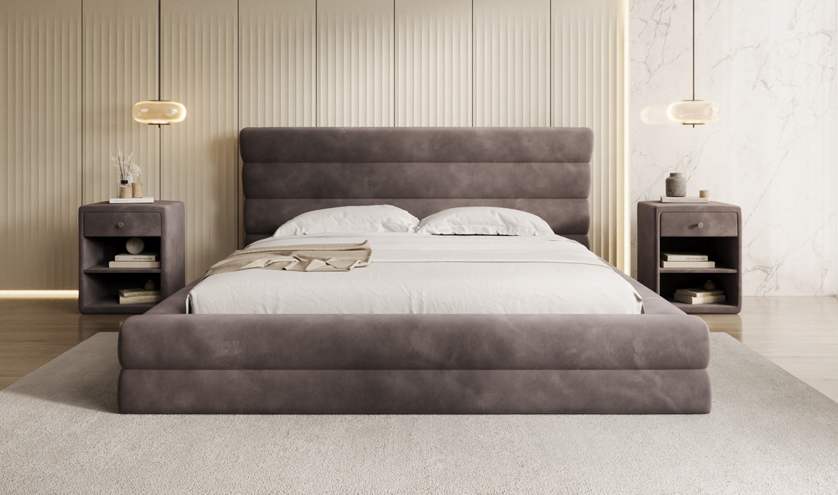 Designer upholstered bed Maren in velvet with storage